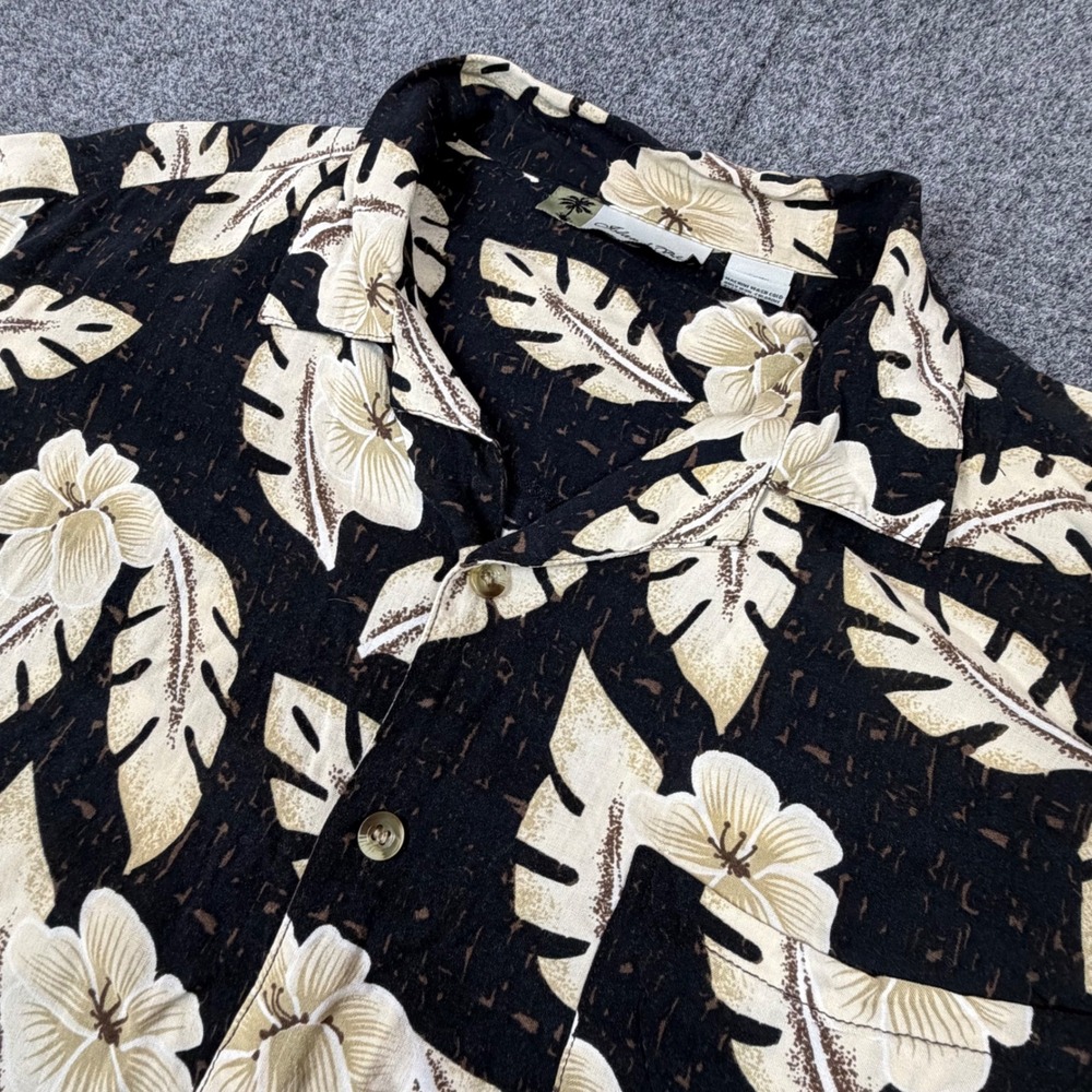Island Blue Mens Large Rayon Hawaiian Shirt‎ Black Tan Floral Hibiscus Tropical